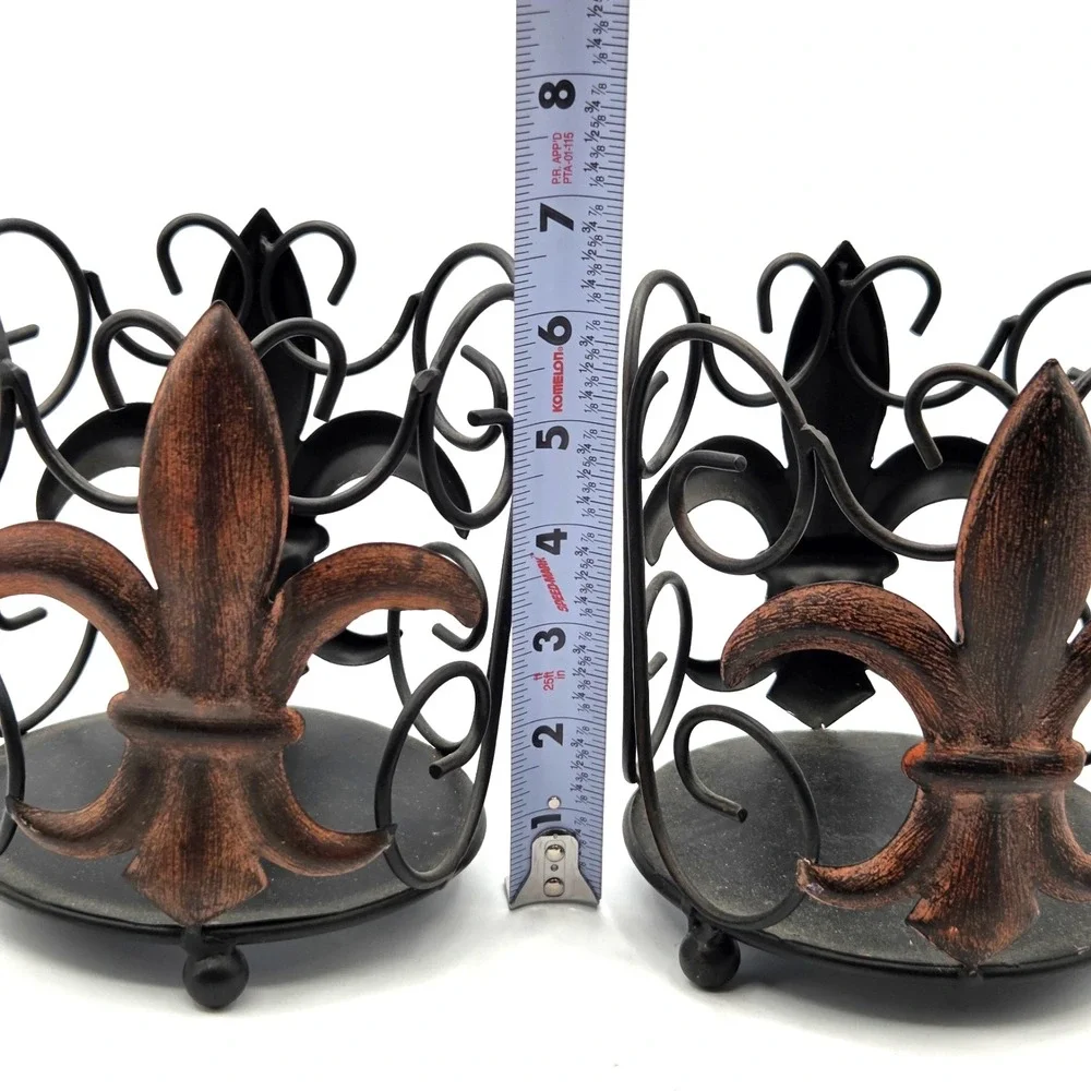 Retro PAIR of Pier 1  METAL Fleur-de-Lis Candle Holders  Hurricane Vase Rustic